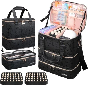 Nail Polish Organizer Hold 90 Bottles (15Ml/0.5Fl.Oz)& Nail Lamp, Three Layer Nail Supplies Organizer Case with Holder& Shoulder Strap, PU Leather Nail Kit Organizers and Storage Bag (Black)