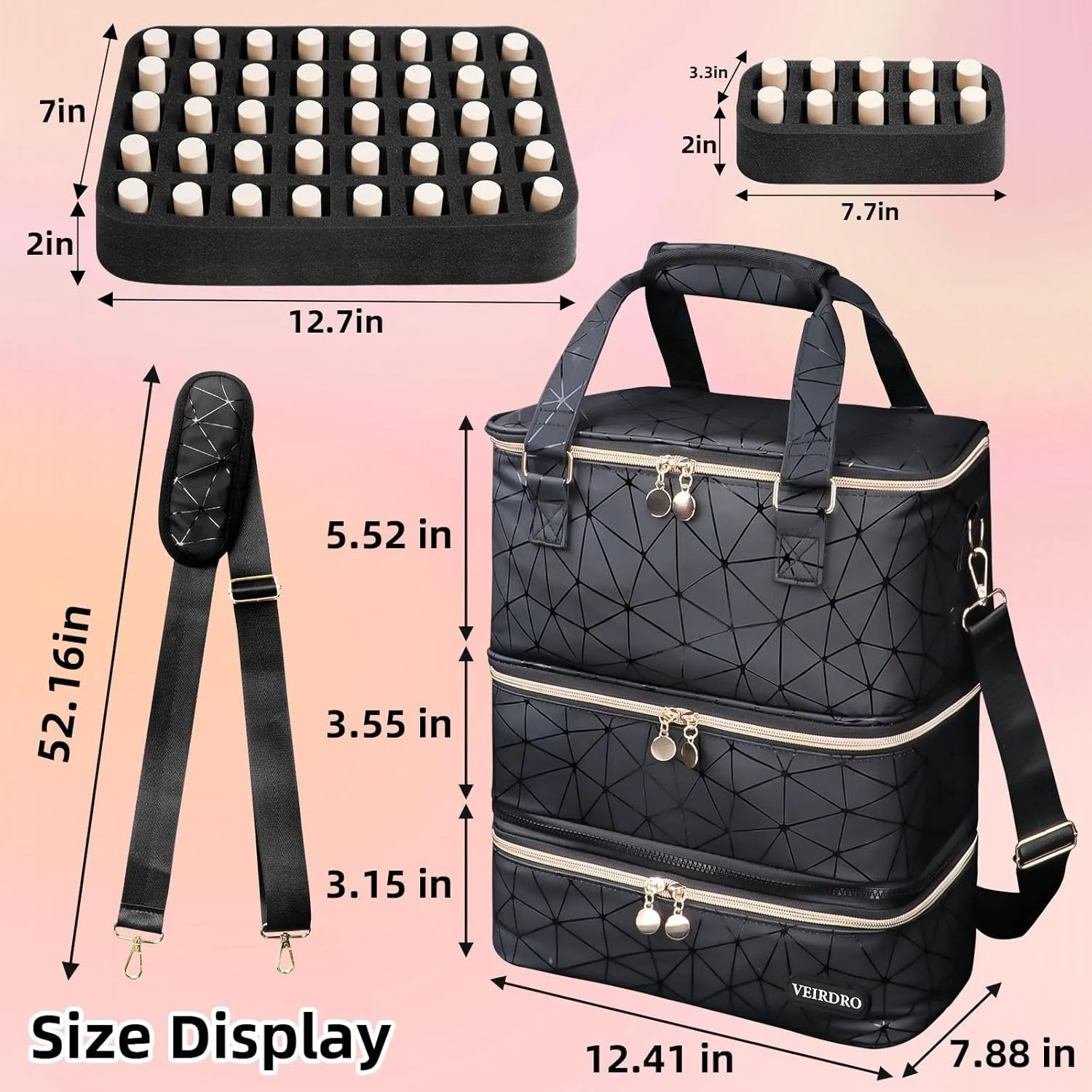 Nail Polish Organizer Hold 90 Bottles (15Ml/0.5Fl.Oz)& Nail Lamp, Three Layer Nail Supplies Organizer Case with Holder& Shoulder Strap, PU Leather Nail Kit Organizers and Storage Bag (Black)