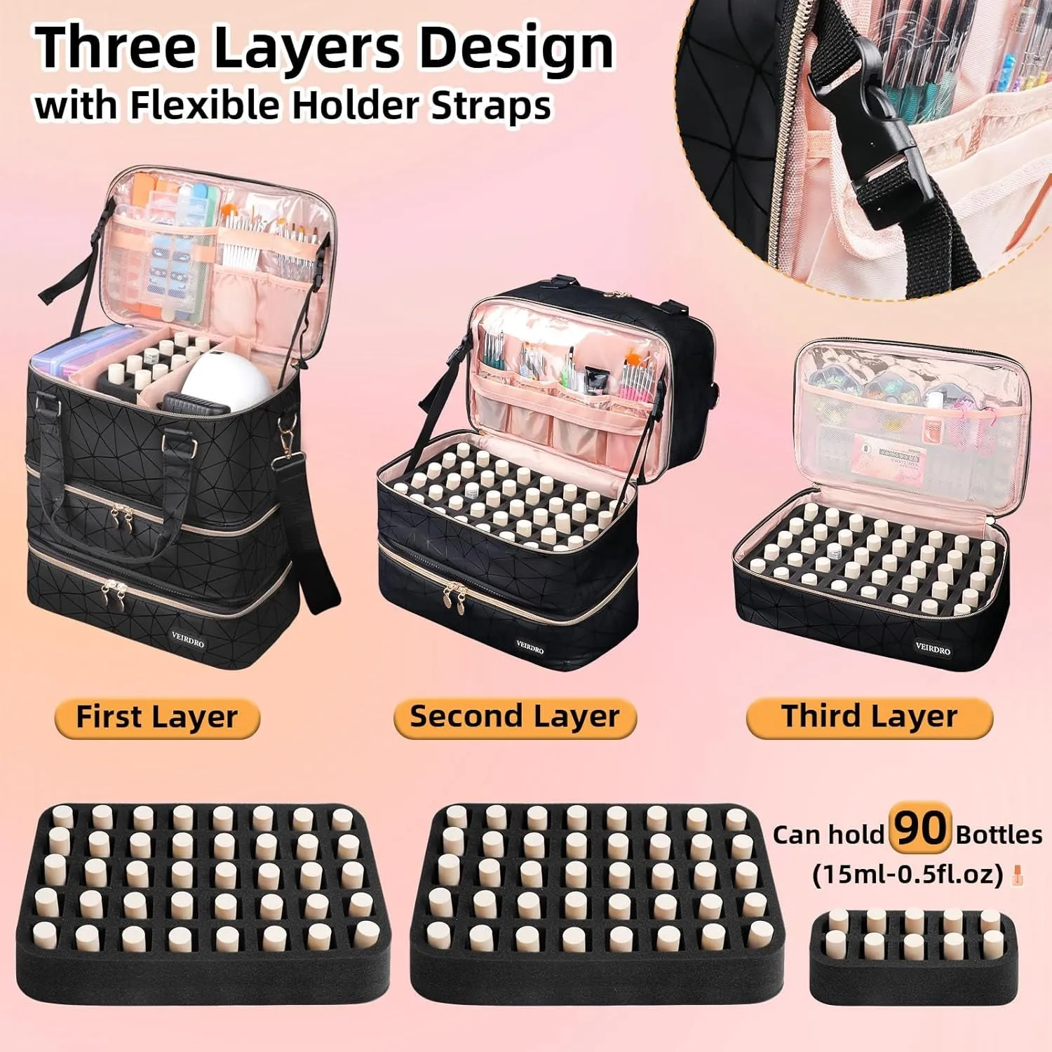 Nail Polish Organizer Hold 90 Bottles (15Ml/0.5Fl.Oz)& Nail Lamp, Three Layer Nail Supplies Organizer Case with Holder& Shoulder Strap, PU Leather Nail Kit Organizers and Storage Bag (Black)