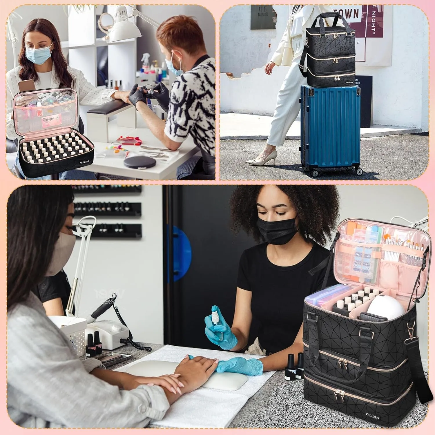 Nail Polish Organizer Hold 90 Bottles (15Ml/0.5Fl.Oz)& Nail Lamp, Three Layer Nail Supplies Organizer Case with Holder& Shoulder Strap, PU Leather Nail Kit Organizers and Storage Bag (Black)
