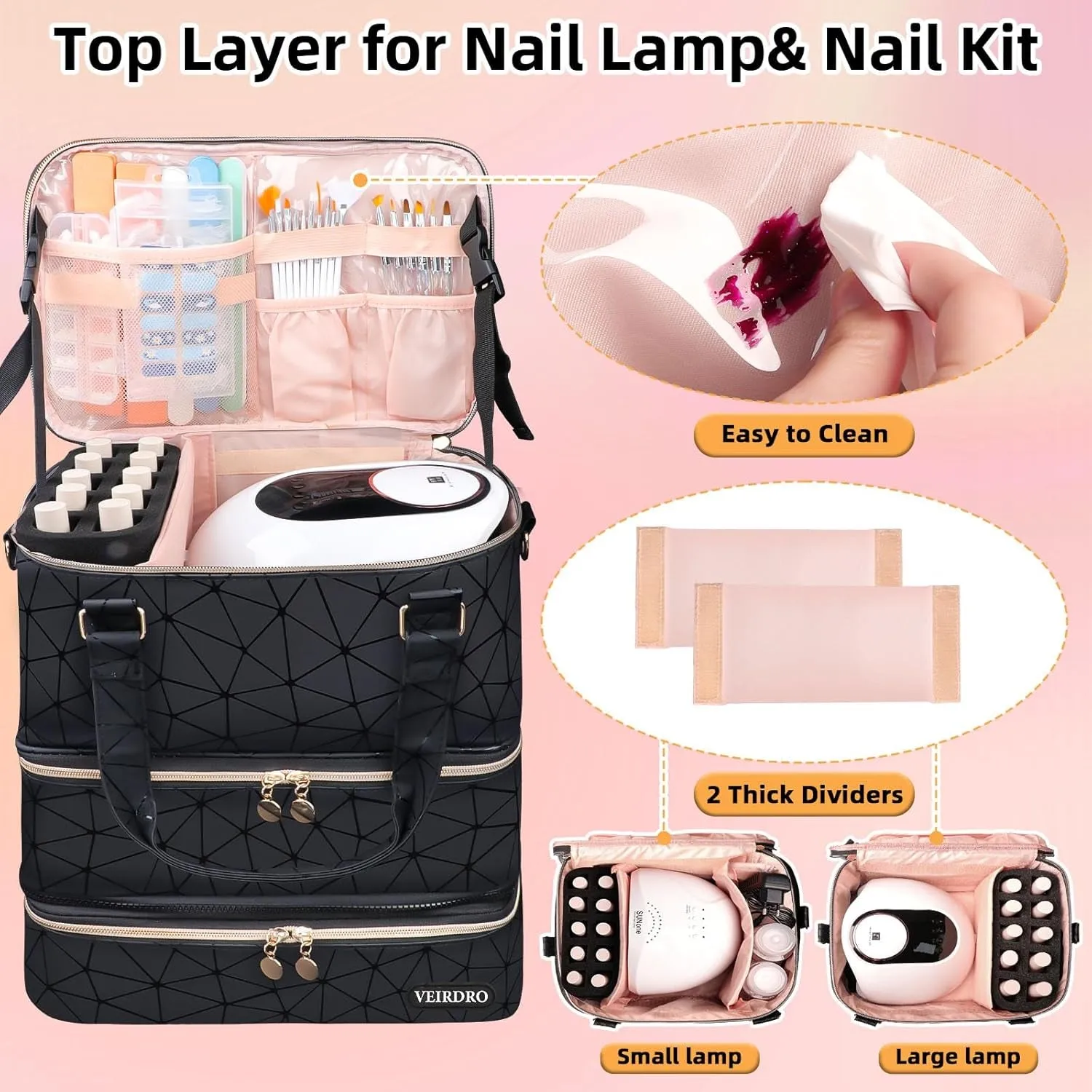 Nail Polish Organizer Hold 90 Bottles (15Ml/0.5Fl.Oz)& Nail Lamp, Three Layer Nail Supplies Organizer Case with Holder& Shoulder Strap, PU Leather Nail Kit Organizers and Storage Bag (Black)