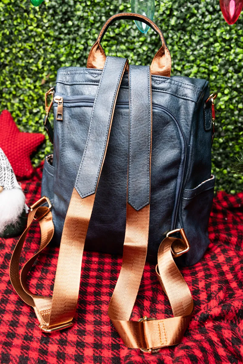 Navy Faux Leather Anti-Theft Backpack Tote