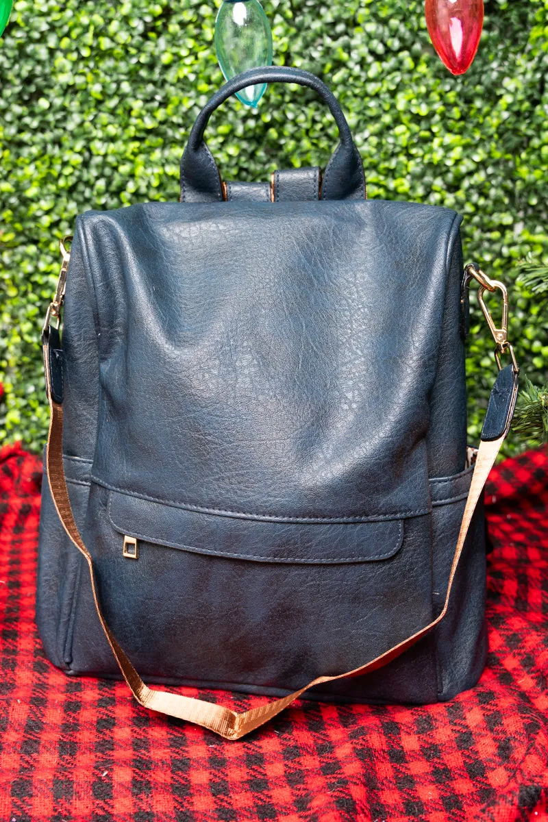 Navy Faux Leather Anti-Theft Backpack Tote