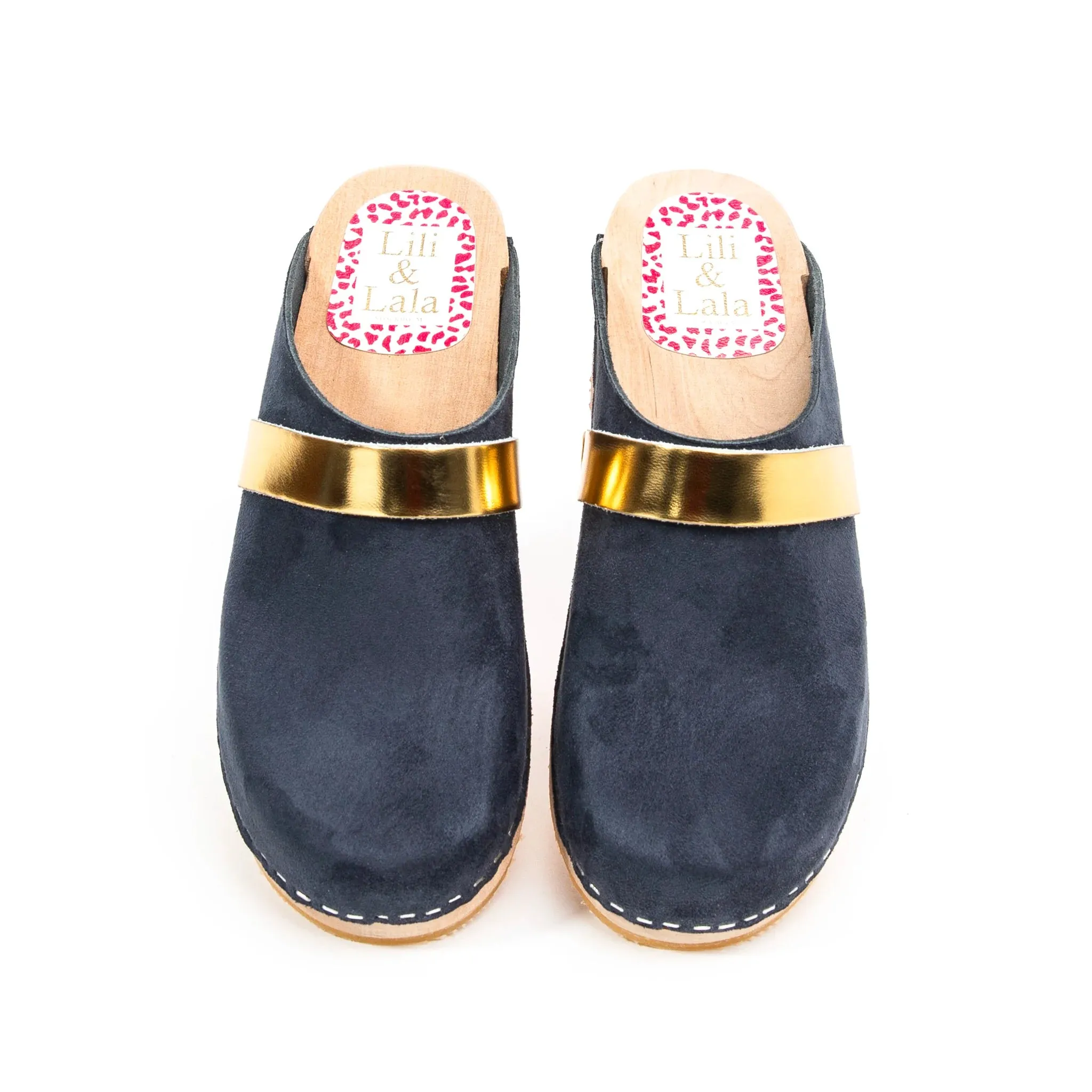 Navy Leather & Wood Handmade Clogs With Gold Strap (Pre-Order)