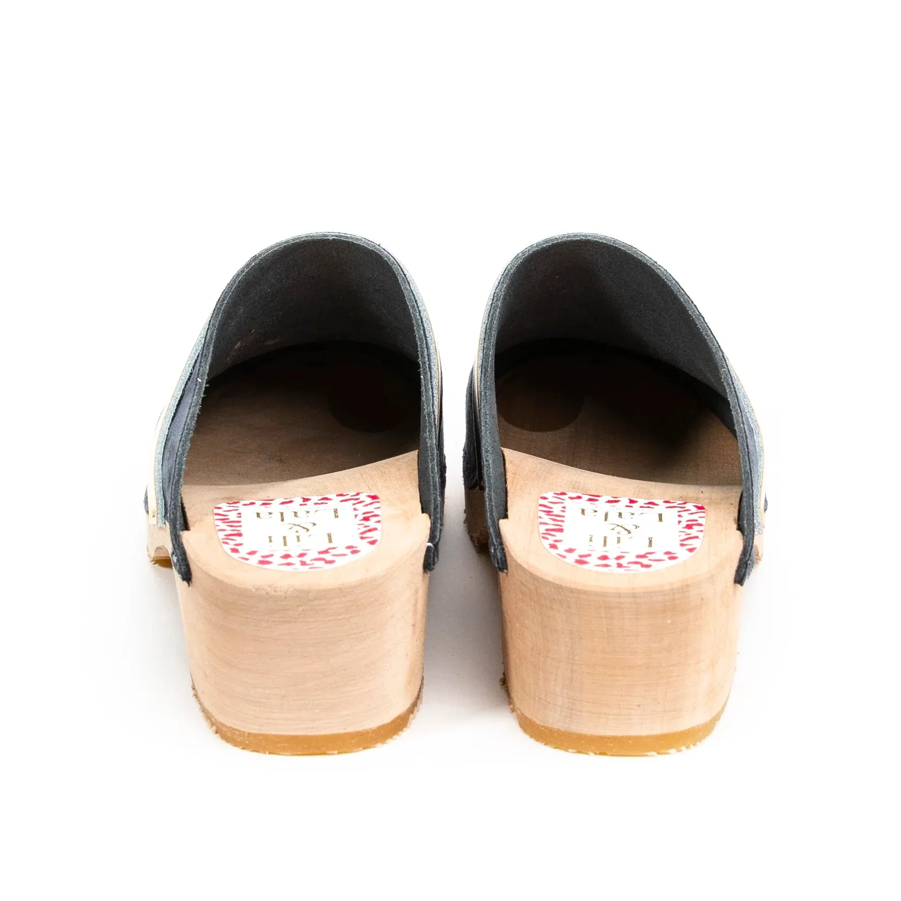 Navy Leather & Wood Handmade Clogs With Gold Strap (Pre-Order)