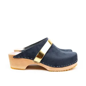 Navy Leather & Wood Handmade Clogs With Gold Strap (Pre-Order)