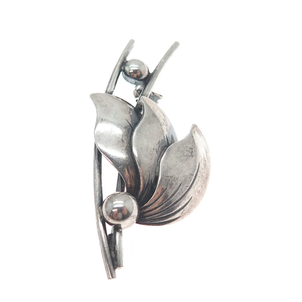 N.E. FROM 925S Sterling Silver Vintage Denmark Modernist Floral Oxidized Brooch