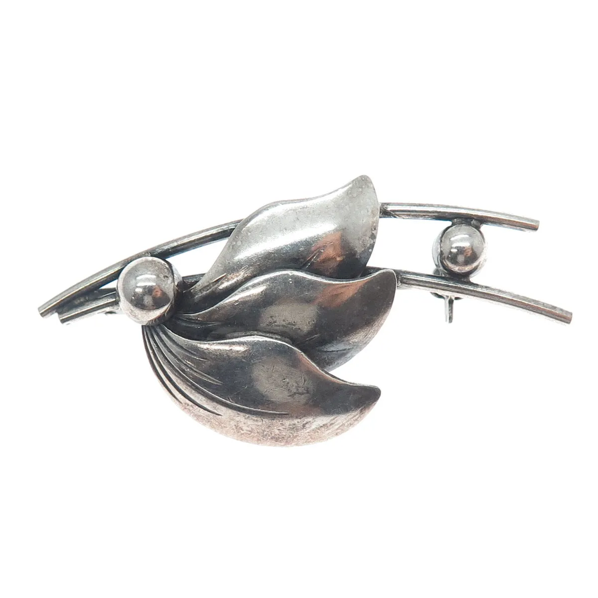 N.E. FROM 925S Sterling Silver Vintage Denmark Modernist Floral Oxidized Brooch