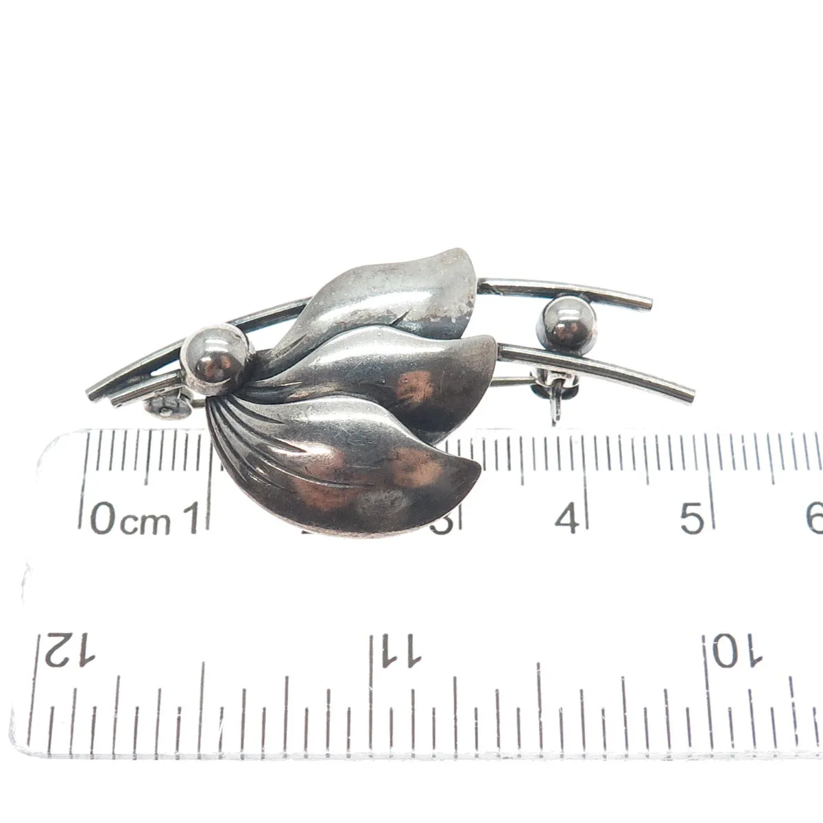 N.E. FROM 925S Sterling Silver Vintage Denmark Modernist Floral Oxidized Brooch