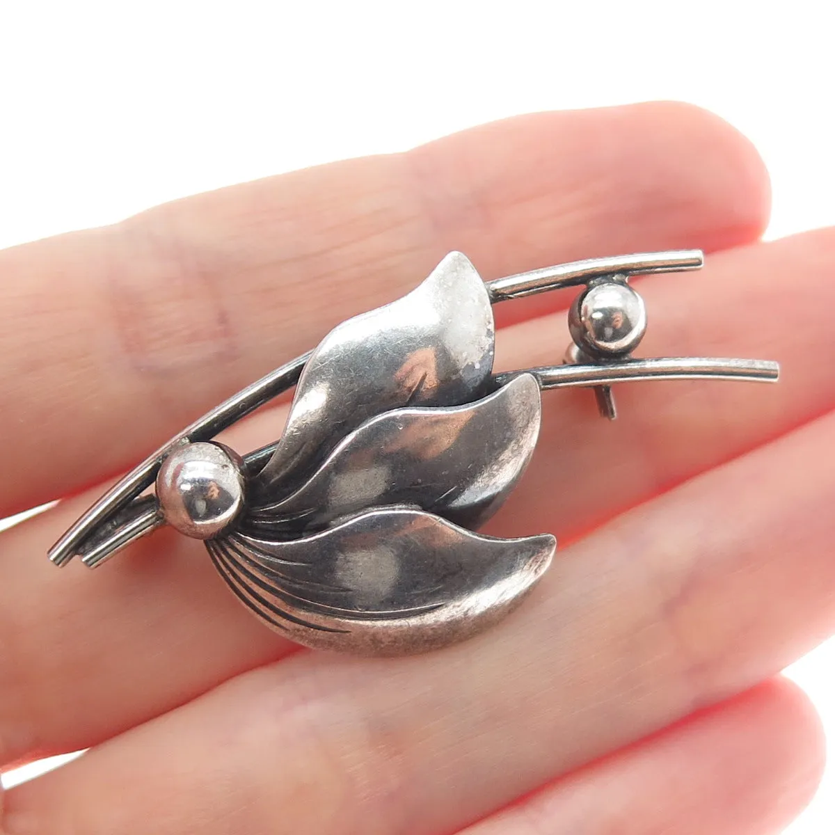 N.E. FROM 925S Sterling Silver Vintage Denmark Modernist Floral Oxidized Brooch