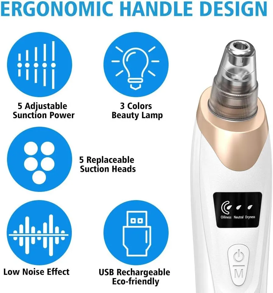 New Blackhead Remover Pore Vacuum, Upgraded Electric Facial Pore Cleaner with 5 Suction Power & 5 Probes, 4 Pimple Popper Tools, USB Rechargeable Blackhead Vacuum Kit for Women & Men