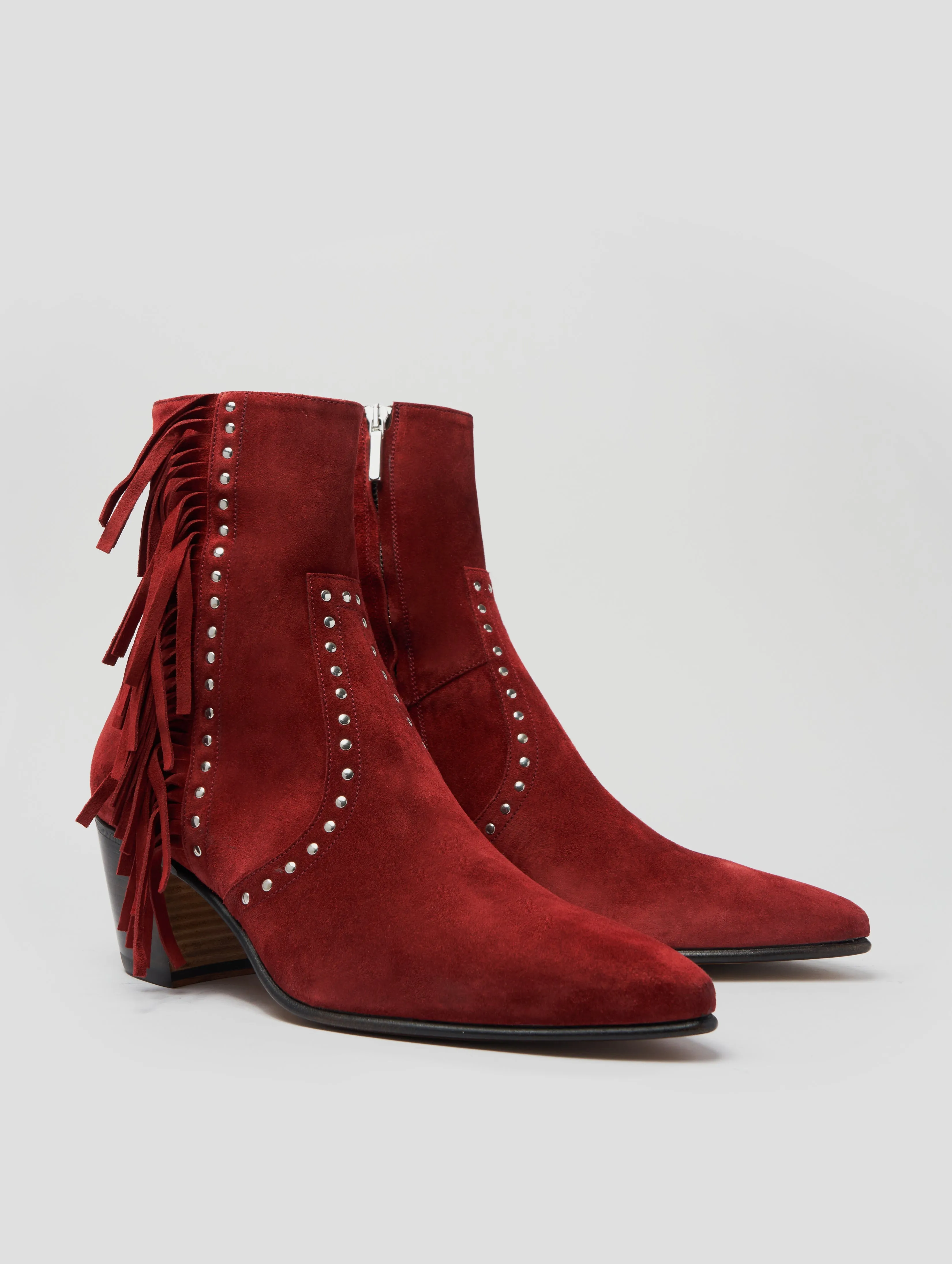 NICO 60MM "MOJAVE" FRINGED BOOT IN RUBY RED SUEDE-Woman