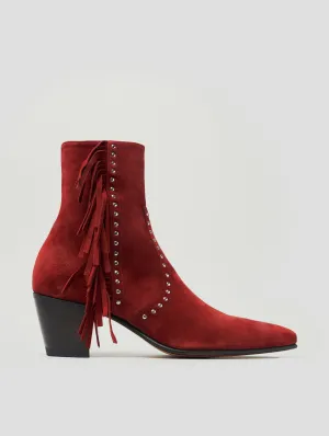 NICO 60MM "MOJAVE" FRINGED BOOT IN RUBY RED SUEDE-Woman