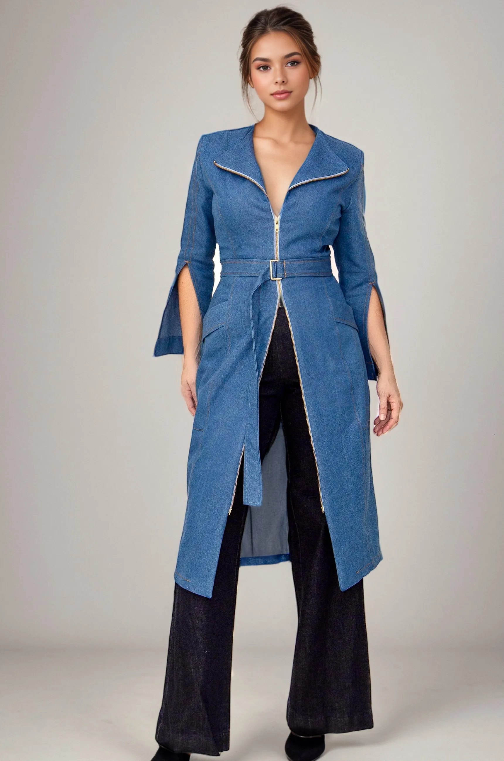 Nina Denim Trench Midi Dress in Mid Blue