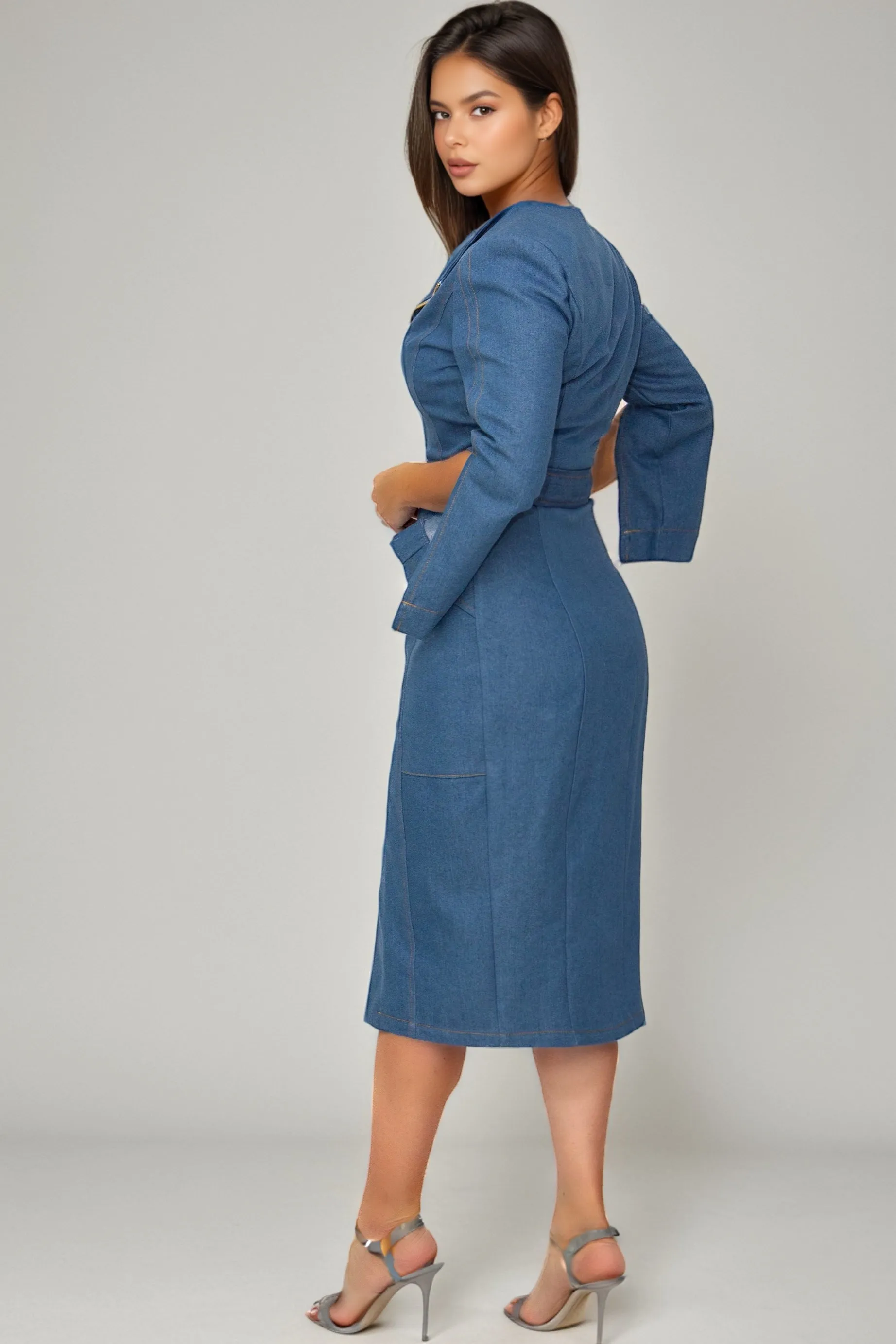 Nina Denim Trench Midi Dress in Mid Blue