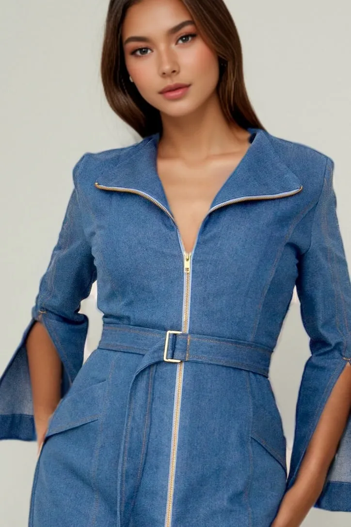 Nina Denim Trench Midi Dress in Mid Blue