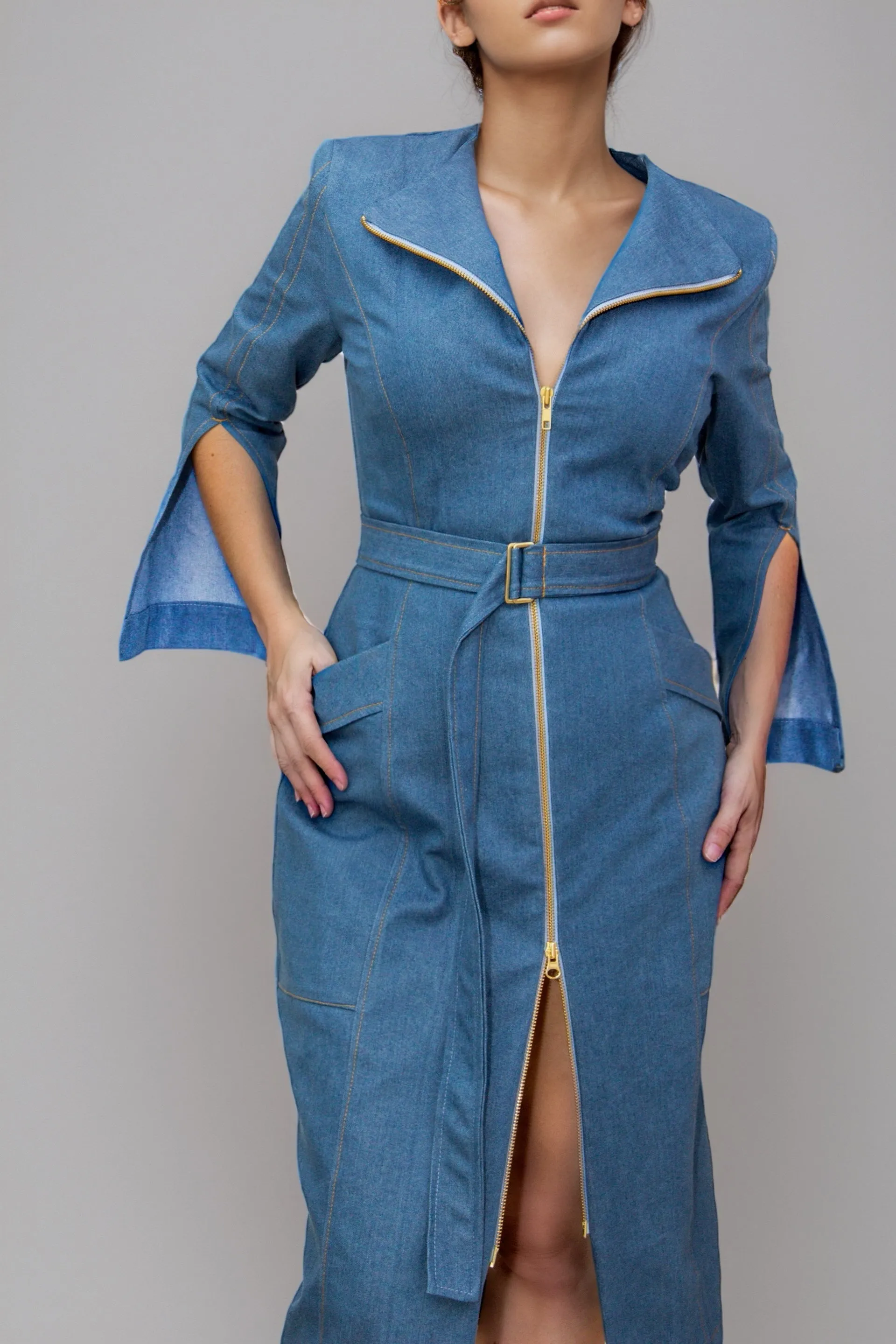 Nina Denim Trench Midi Dress in Mid Blue