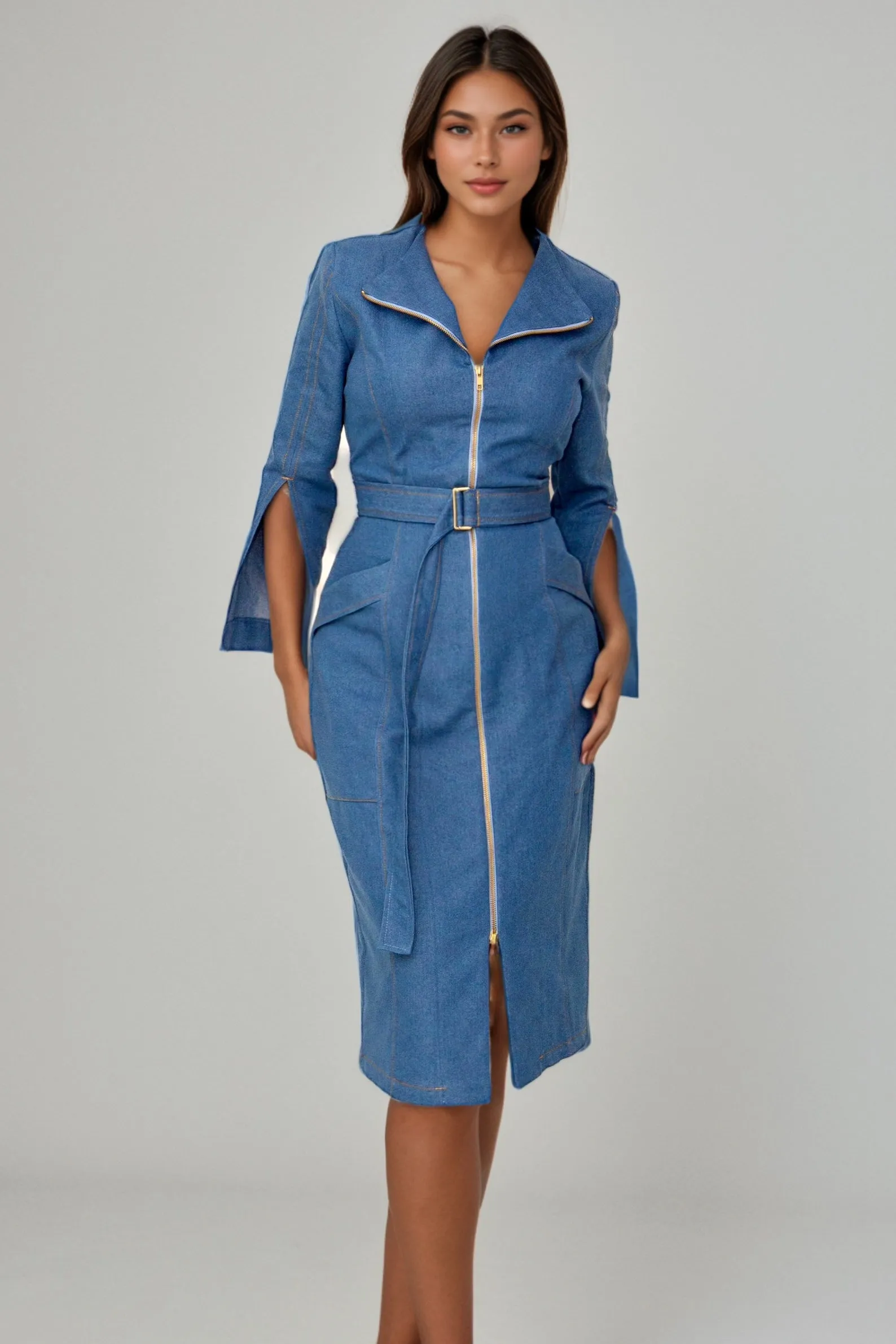 Nina Denim Trench Midi Dress in Mid Blue