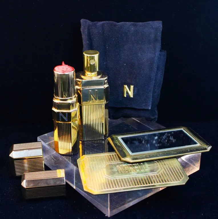 NORMAN NORELL Vintage Gold Tone Cosmetic Set with Velvet Bag