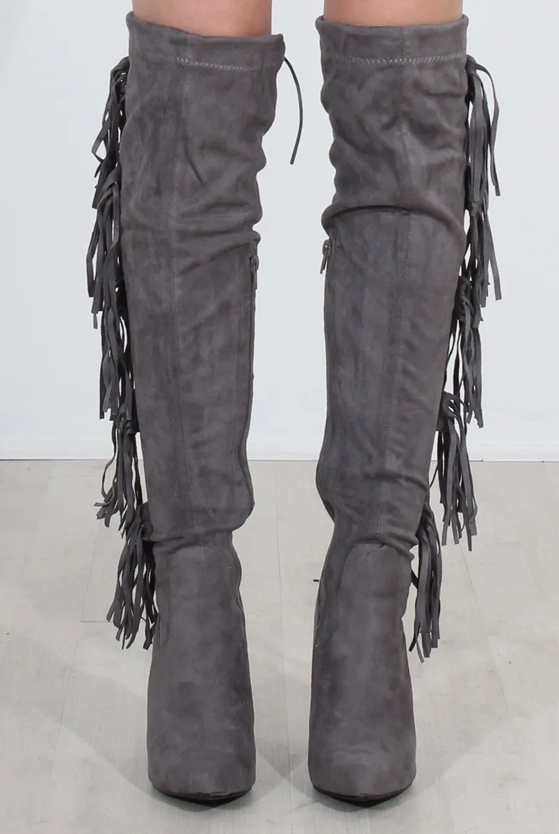 Nula Grey Tassel Knee High Boots