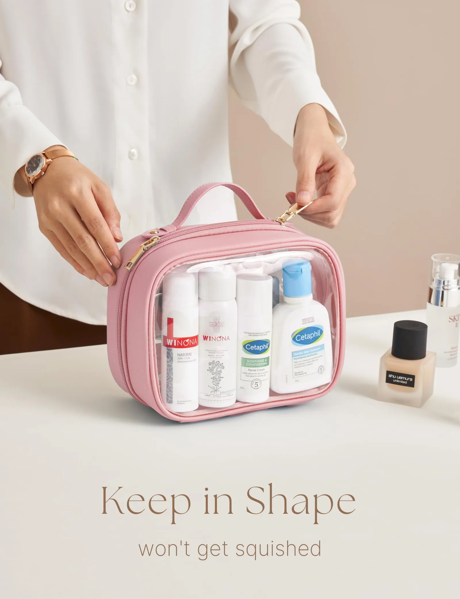 Oaque Clear Cosmetic Bag Double Layer 4 Compartments Travel Toiletry Bag Clear Makeup Bag Case with Zipper Transparent Travel Bag for Toiletries, TSA Approved Toiletry Bag for Women Girls (Pink)