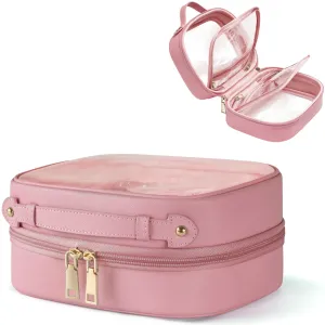 Oaque Clear Cosmetic Bag Double Layer 4 Compartments Travel Toiletry Bag Clear Makeup Bag Case with Zipper Transparent Travel Bag for Toiletries, TSA Approved Toiletry Bag for Women Girls (Pink)