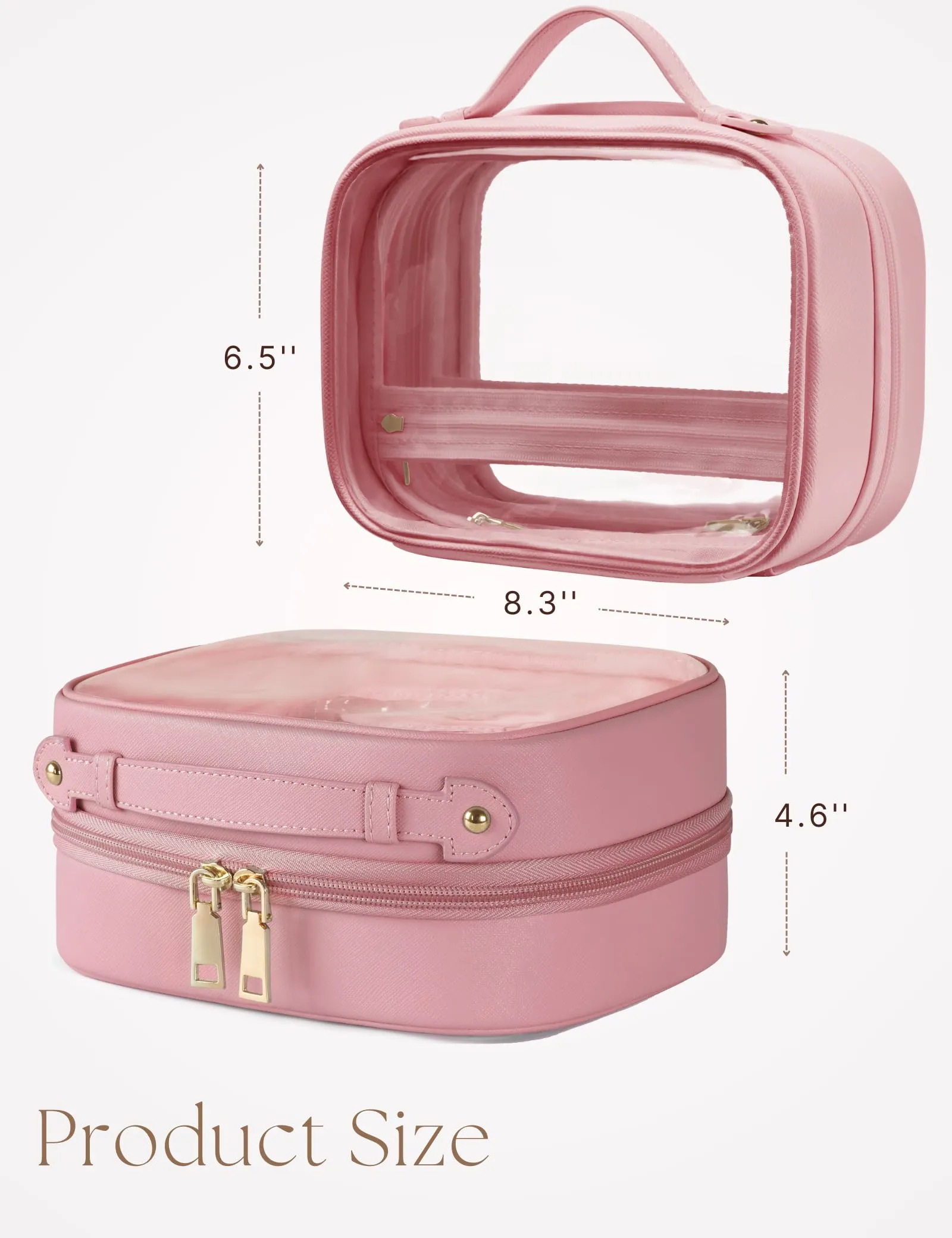Oaque Clear Cosmetic Bag Double Layer 4 Compartments Travel Toiletry Bag Clear Makeup Bag Case with Zipper Transparent Travel Bag for Toiletries, TSA Approved Toiletry Bag for Women Girls (Pink)