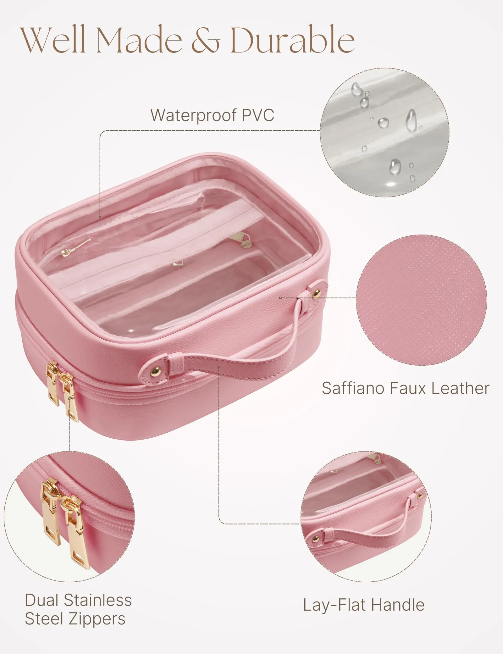 Oaque Clear Cosmetic Bag Double Layer 4 Compartments Travel Toiletry Bag Clear Makeup Bag Case with Zipper Transparent Travel Bag for Toiletries, TSA Approved Toiletry Bag for Women Girls (Pink)