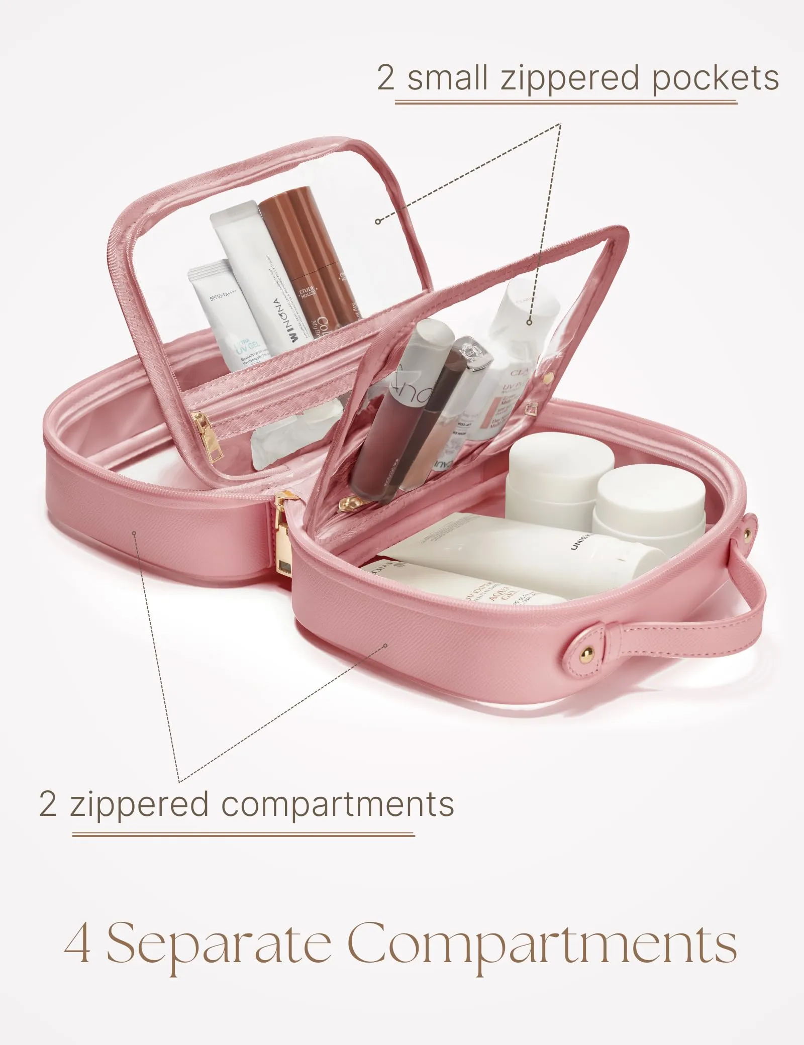 Oaque Clear Cosmetic Bag Double Layer 4 Compartments Travel Toiletry Bag Clear Makeup Bag Case with Zipper Transparent Travel Bag for Toiletries, TSA Approved Toiletry Bag for Women Girls (Pink)