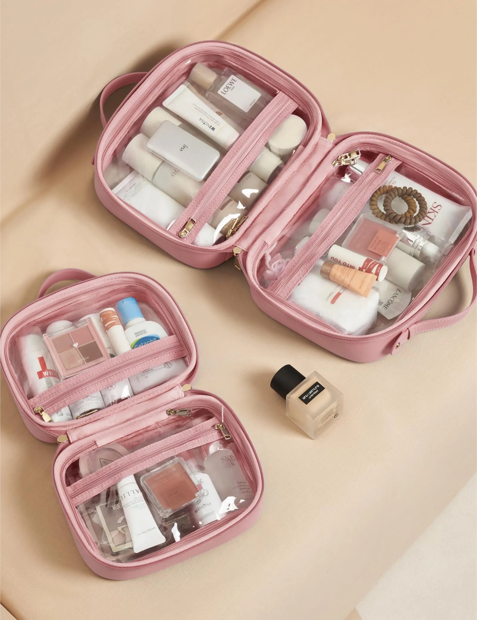 Oaque Clear Cosmetic Bag Double Layer 4 Compartments Travel Toiletry Bag Clear Makeup Bag Case with Zipper Transparent Travel Bag for Toiletries, TSA Approved Toiletry Bag for Women Girls (Pink)