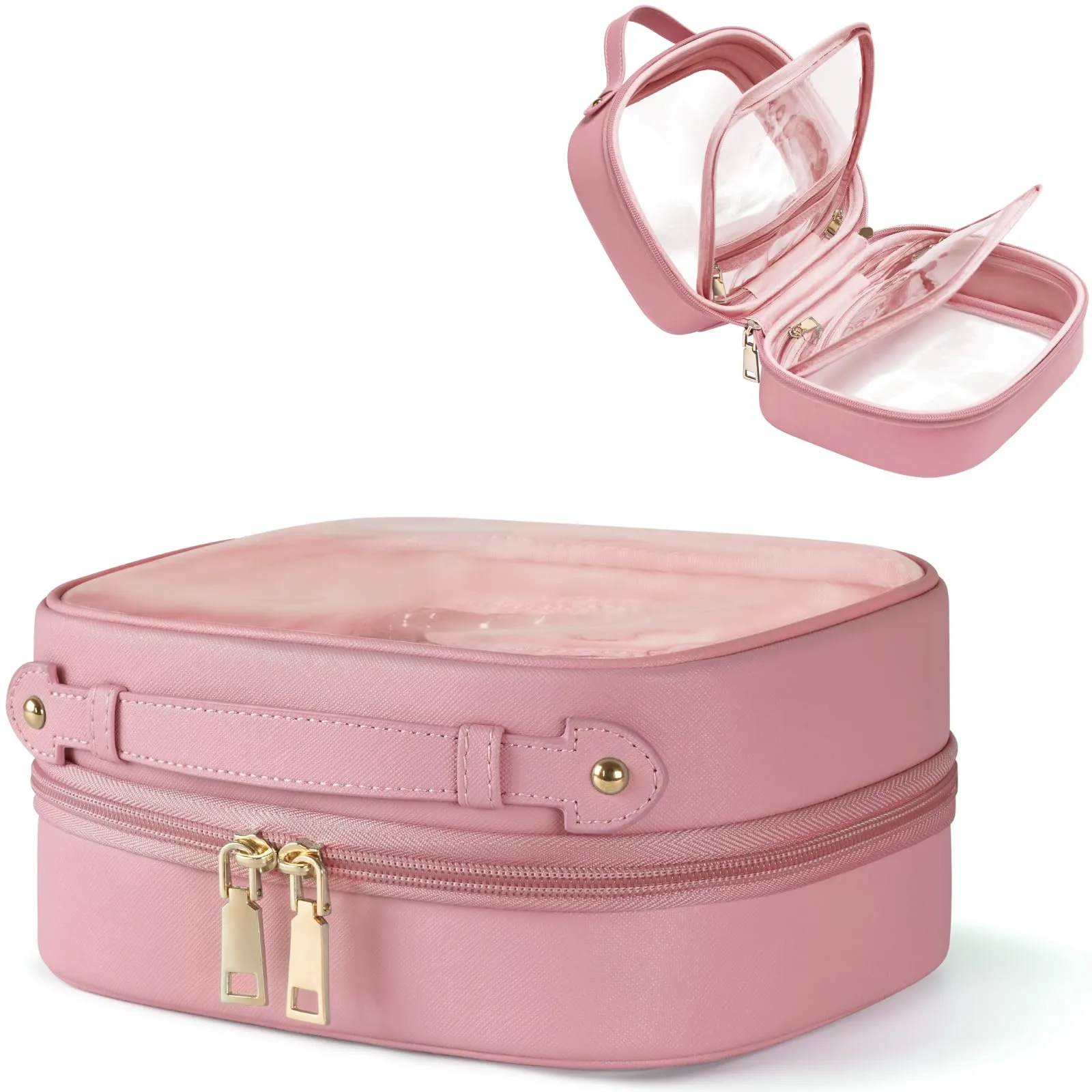 Oaque Clear Cosmetic Bag Double Layer 4 Compartments Travel Toiletry Bag Clear Makeup Bag Case with Zipper Transparent Travel Bag for Toiletries, TSA Approved Toiletry Bag for Women Girls (Pink)