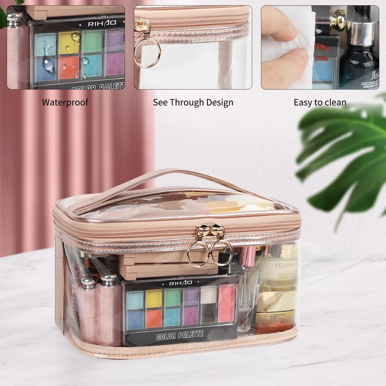 OCHEAL Clear Makeup Bags,Portable Cosmetic Bag Travel Makeup Organizer case Make Up Bag for Women and Girls Cosmetics Toiletries Brushes Slots and Divider-Clear Rose Gold