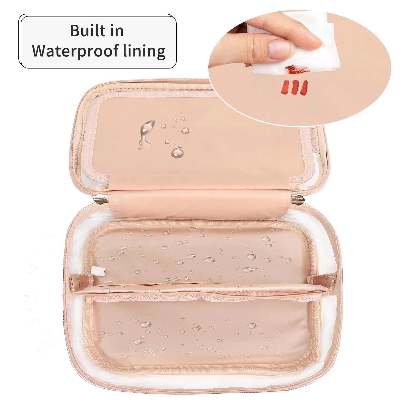 OCHEAL Clear Makeup Bags,Portable Cosmetic Bag Travel Makeup Organizer case Make Up Bag for Women and Girls Cosmetics Toiletries Brushes Slots and Divider-Clear Rose Gold