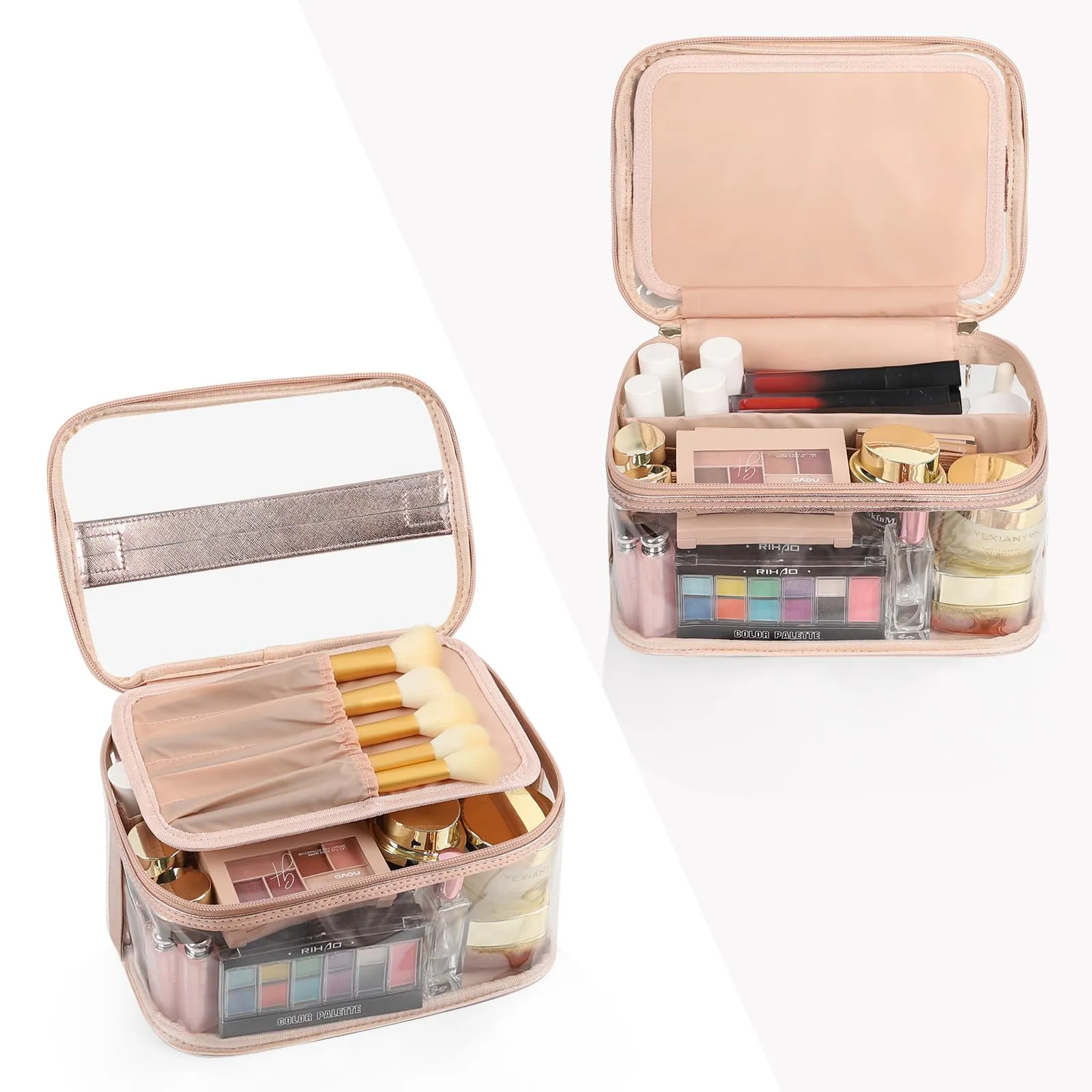 OCHEAL Clear Makeup Bags,Portable Cosmetic Bag Travel Makeup Organizer case Make Up Bag for Women and Girls Cosmetics Toiletries Brushes Slots and Divider-Clear Rose Gold