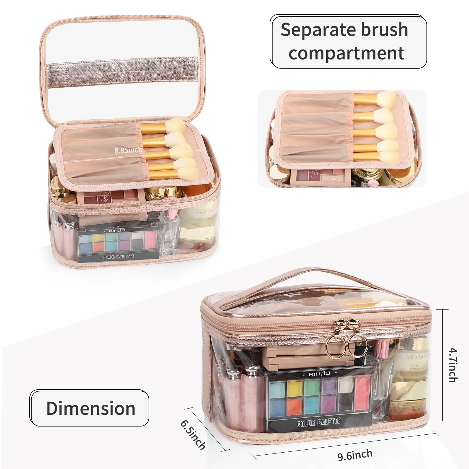OCHEAL Clear Makeup Bags,Portable Cosmetic Bag Travel Makeup Organizer case Make Up Bag for Women and Girls Cosmetics Toiletries Brushes Slots and Divider-Clear Rose Gold