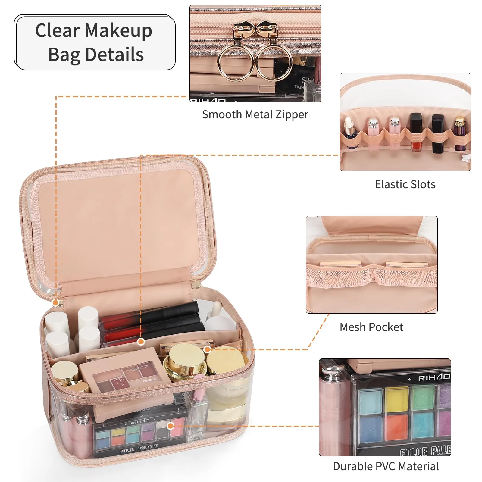 OCHEAL Clear Makeup Bags,Portable Cosmetic Bag Travel Makeup Organizer case Make Up Bag for Women and Girls Cosmetics Toiletries Brushes Slots and Divider-Clear Rose Gold