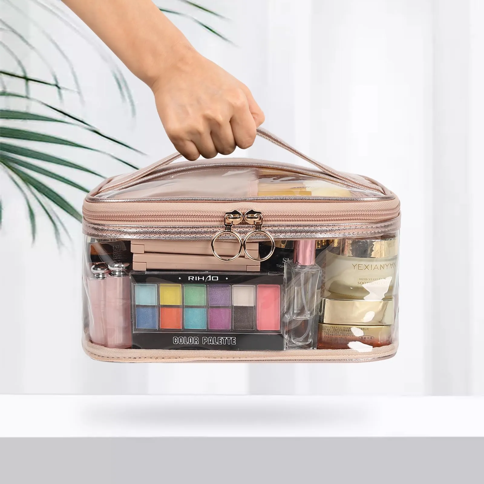 OCHEAL Clear Makeup Bags,Portable Cosmetic Bag Travel Makeup Organizer case Make Up Bag for Women and Girls Cosmetics Toiletries Brushes Slots and Divider-Clear Rose Gold