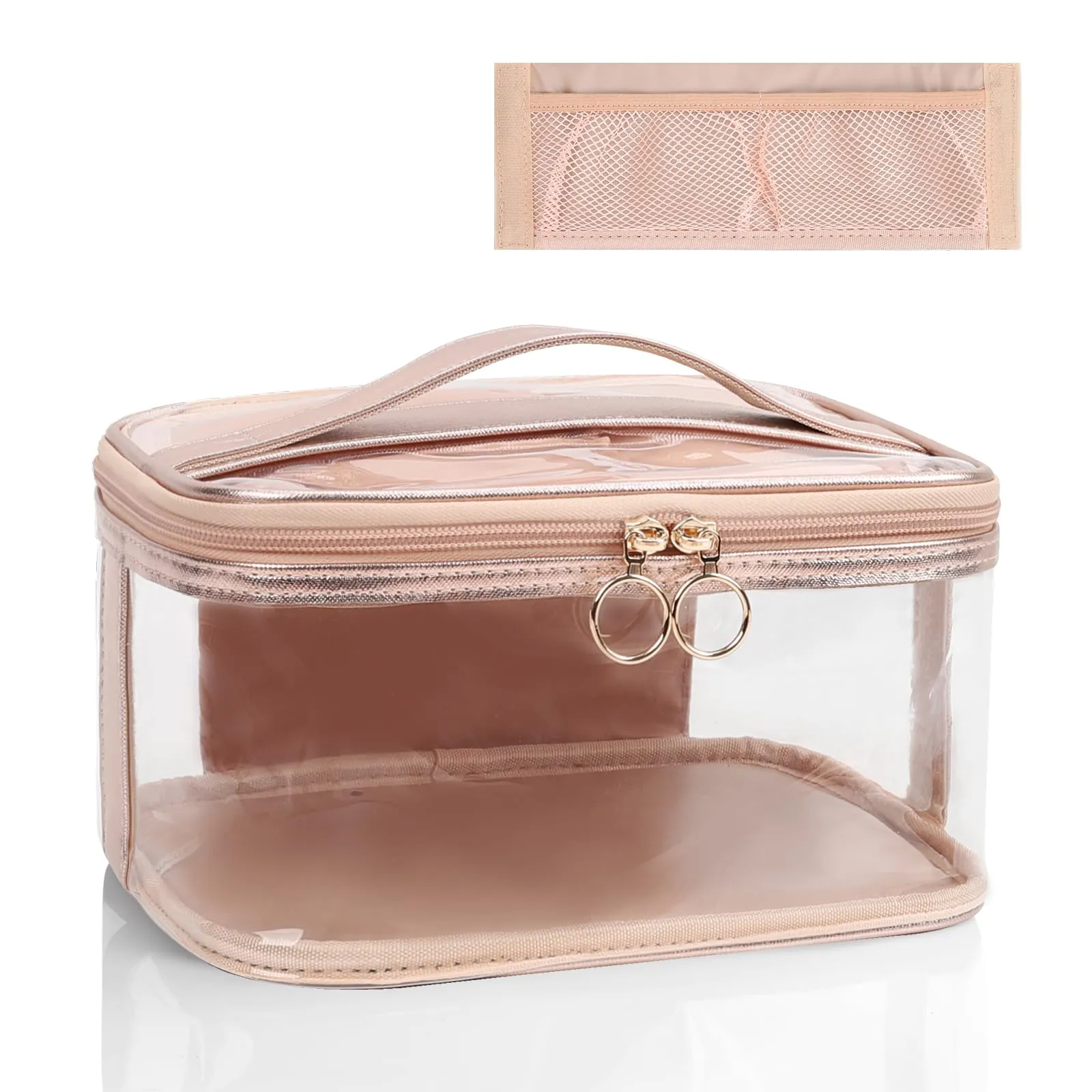 OCHEAL Clear Makeup Bags,Portable Cosmetic Bag Travel Makeup Organizer case Make Up Bag for Women and Girls Cosmetics Toiletries Brushes Slots and Divider-Clear Rose Gold