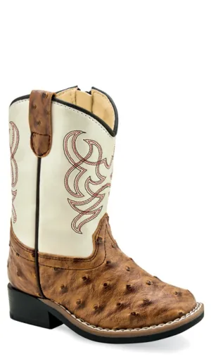 Old West Infant Boys Broad Square Toe Brown/White Faux Leather Cowboy Boots 4 D