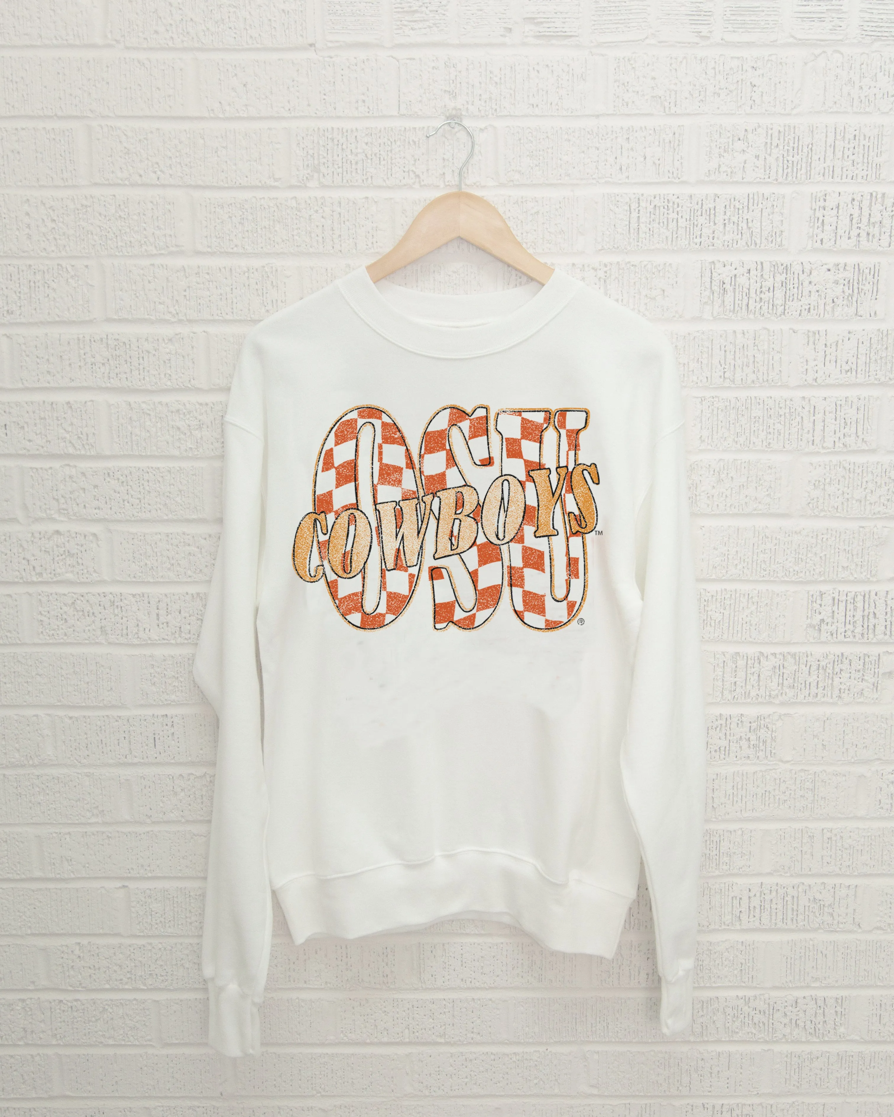 OSU Cowboys Twisted Check White Thrifted Sweatshirt