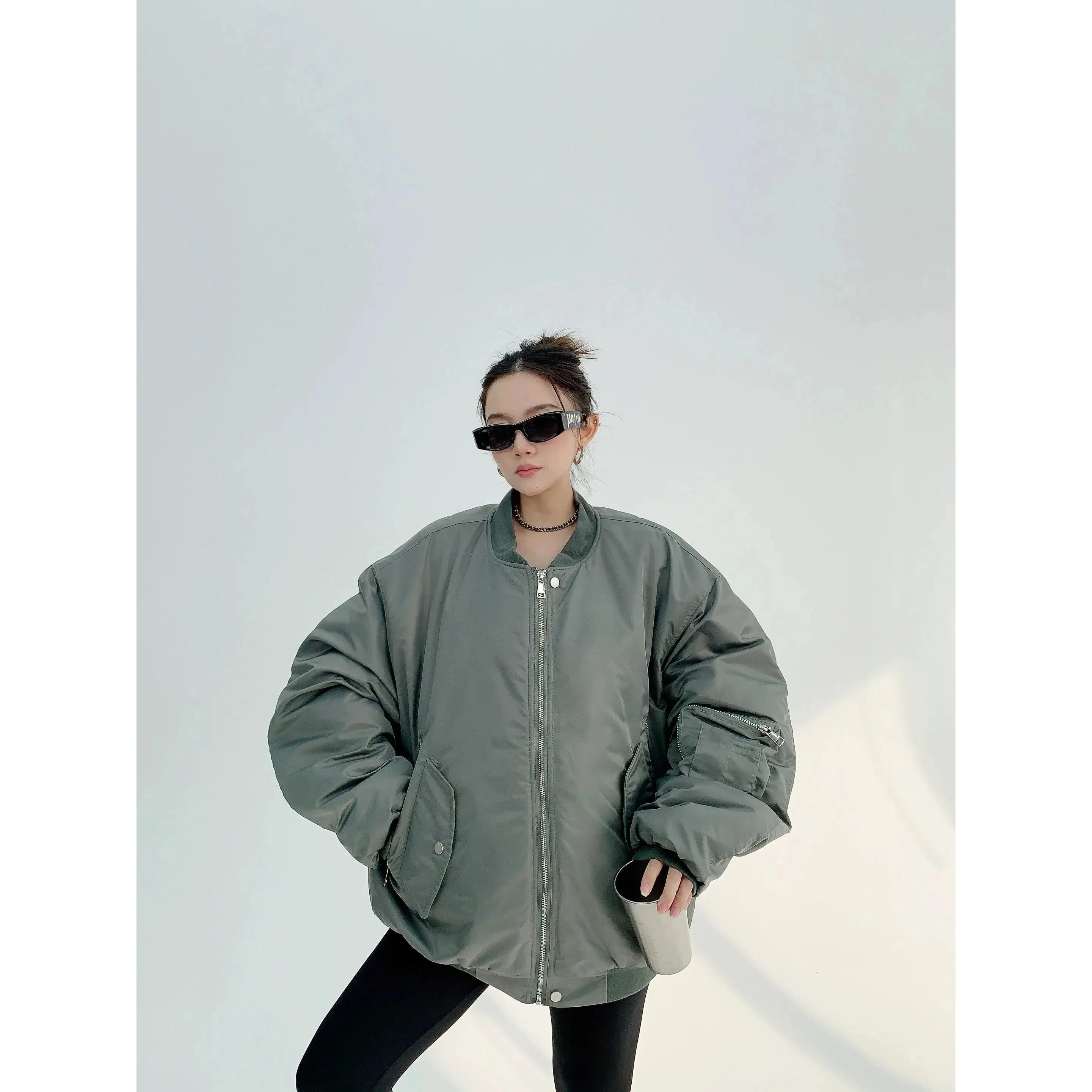 Oversized Zipper Pockets Puffer Coat