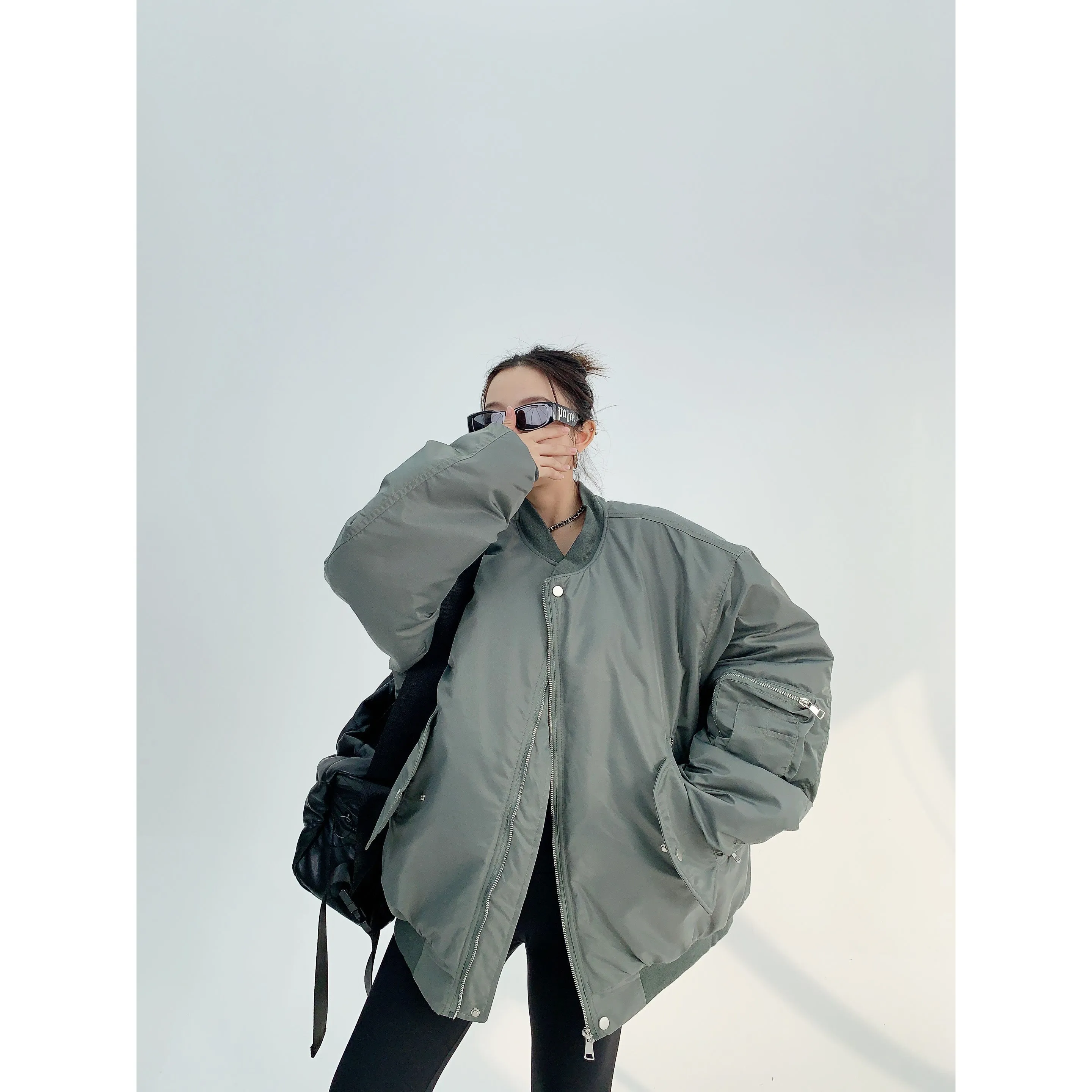 Oversized Zipper Pockets Puffer Coat