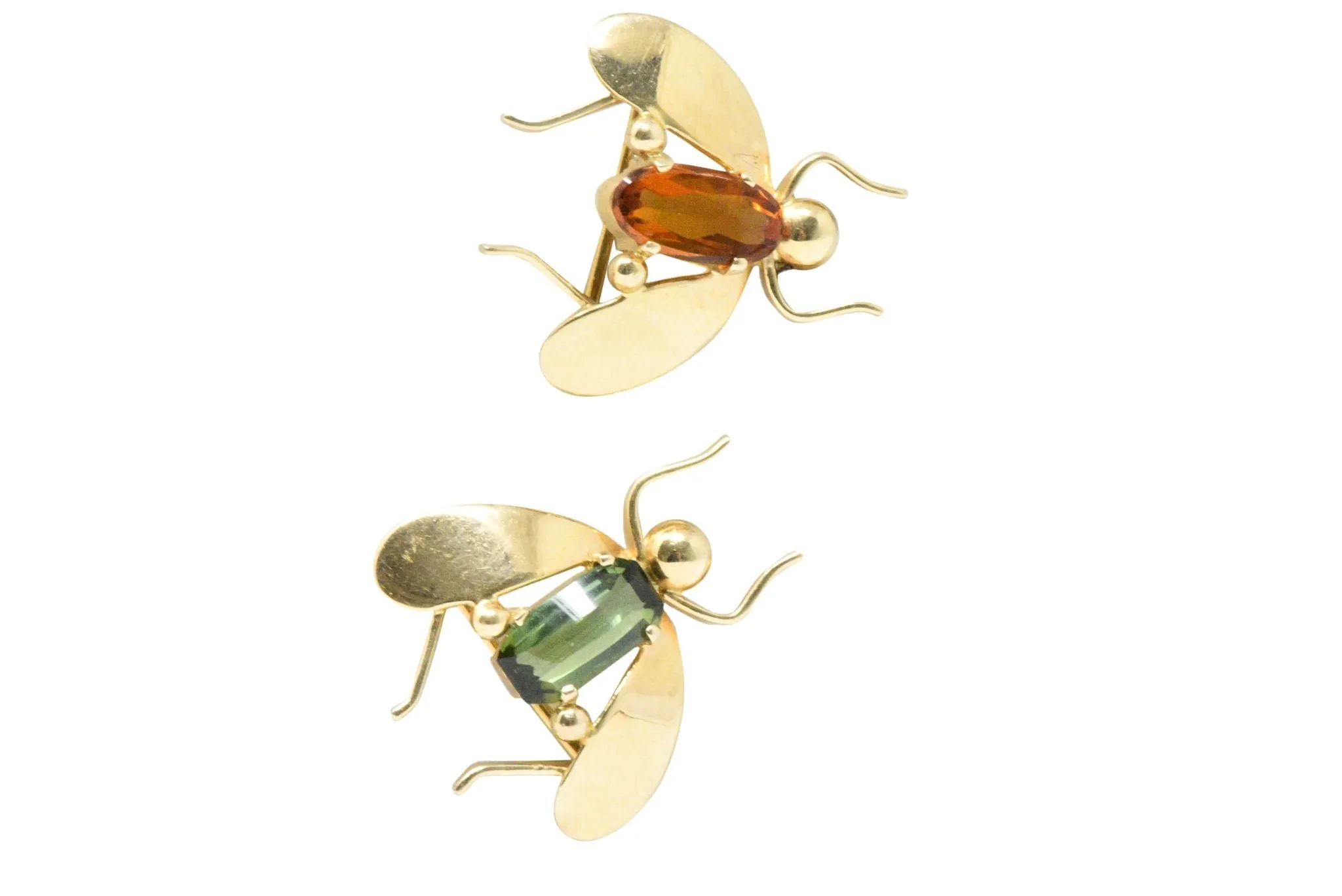 Pair of Retro Tiffany & Co. Citrine, Tourmaline & 14K Gold Bug Brooches