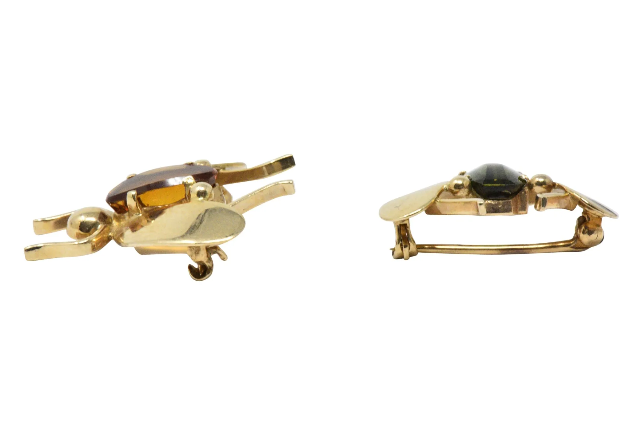 Pair of Retro Tiffany & Co. Citrine, Tourmaline & 14K Gold Bug Brooches