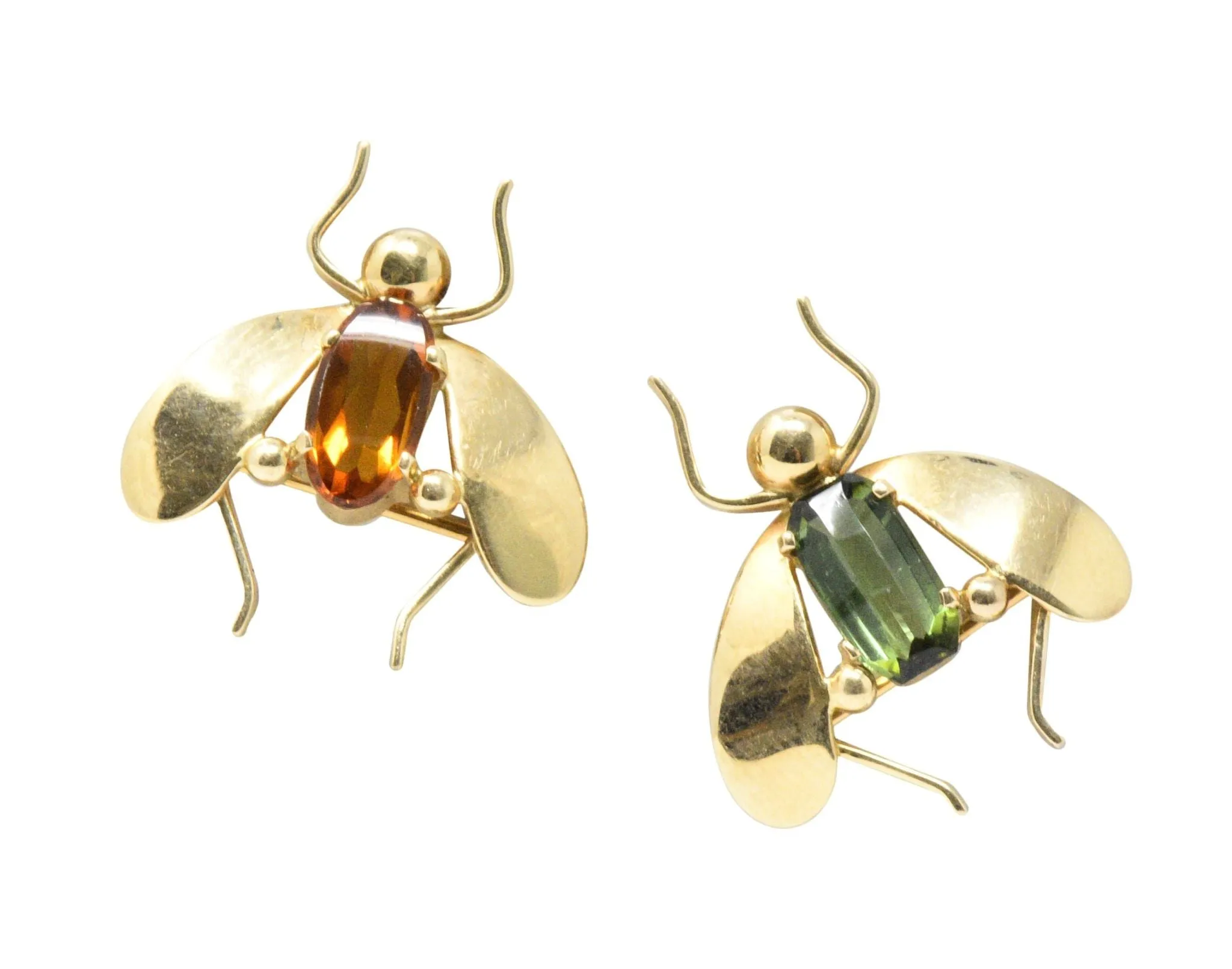 Pair of Retro Tiffany & Co. Citrine, Tourmaline & 14K Gold Bug Brooches