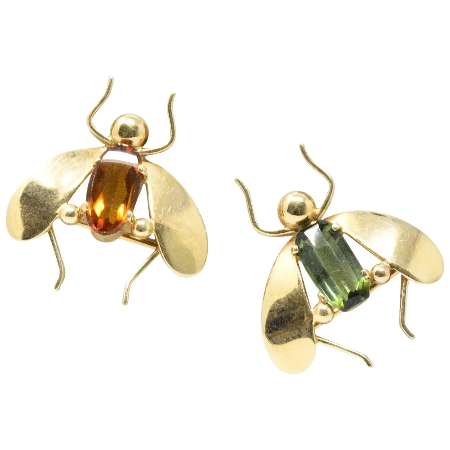 Pair of Retro Tiffany & Co. Citrine, Tourmaline & 14K Gold Bug Brooches