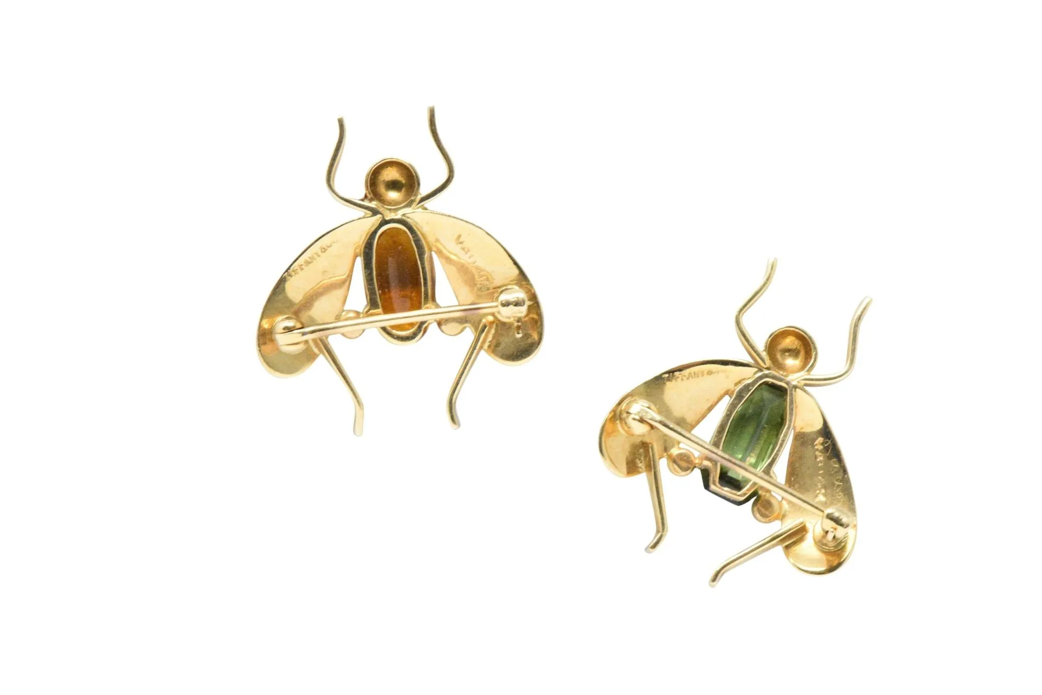 Pair of Retro Tiffany & Co. Citrine, Tourmaline & 14K Gold Bug Brooches