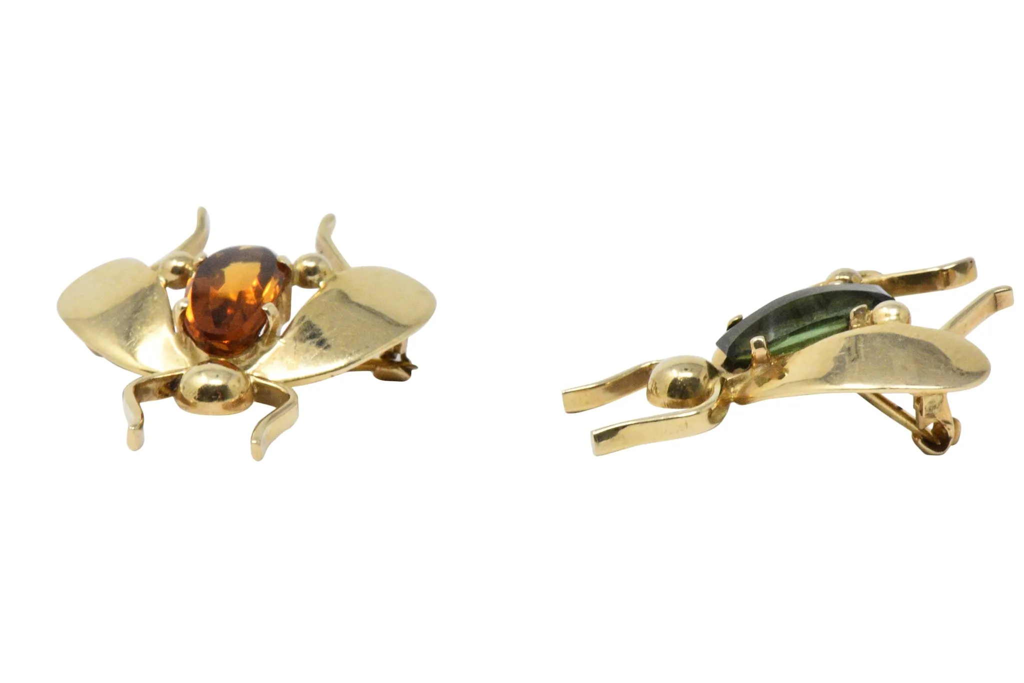 Pair of Retro Tiffany & Co. Citrine, Tourmaline & 14K Gold Bug Brooches