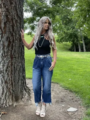 Paisley Pleated High Rise Crop Denim