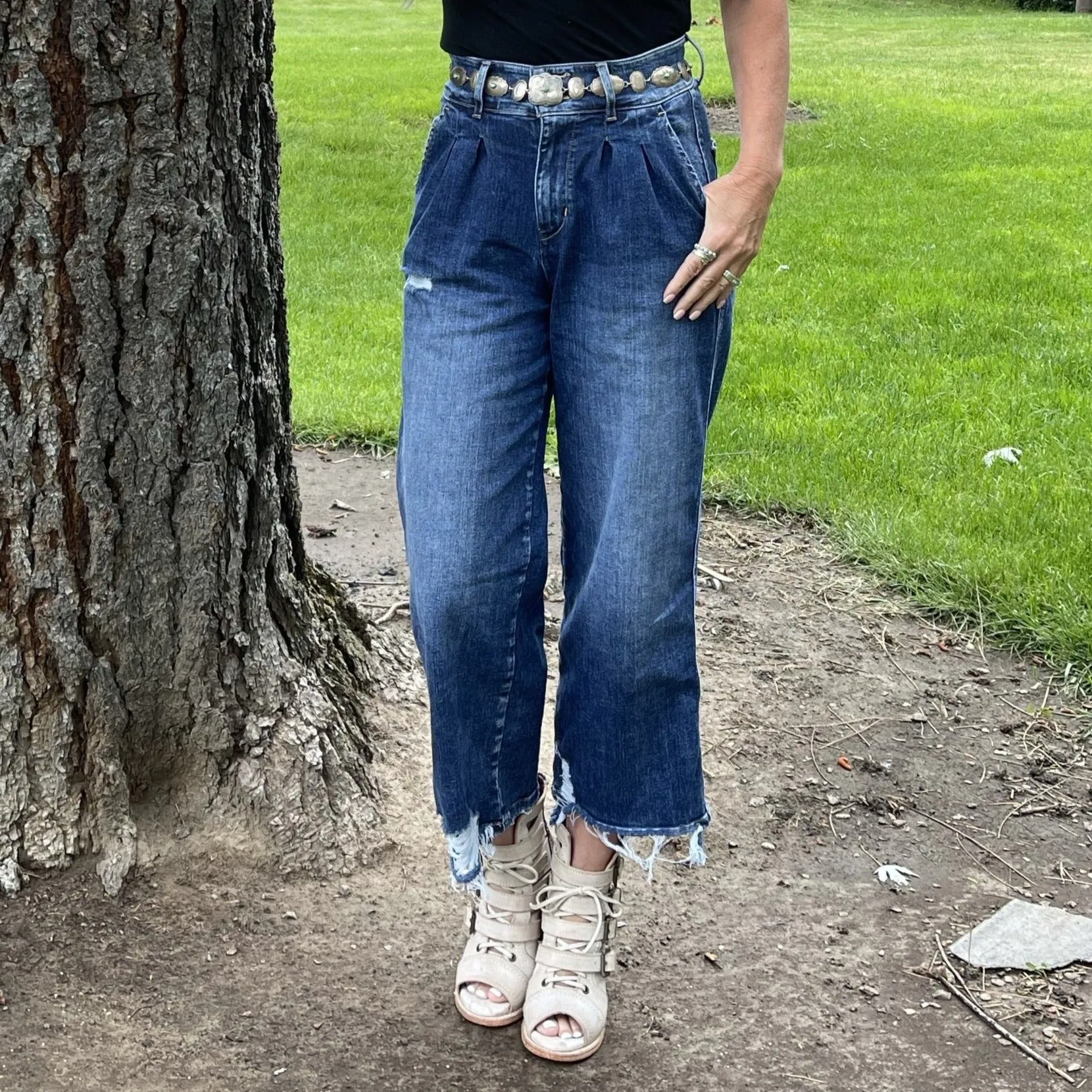 Paisley Pleated High Rise Crop Denim